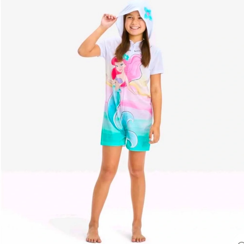 Disney Girls' The Little Mermaid Romper with Hoodie, Size Small (6/6X)
